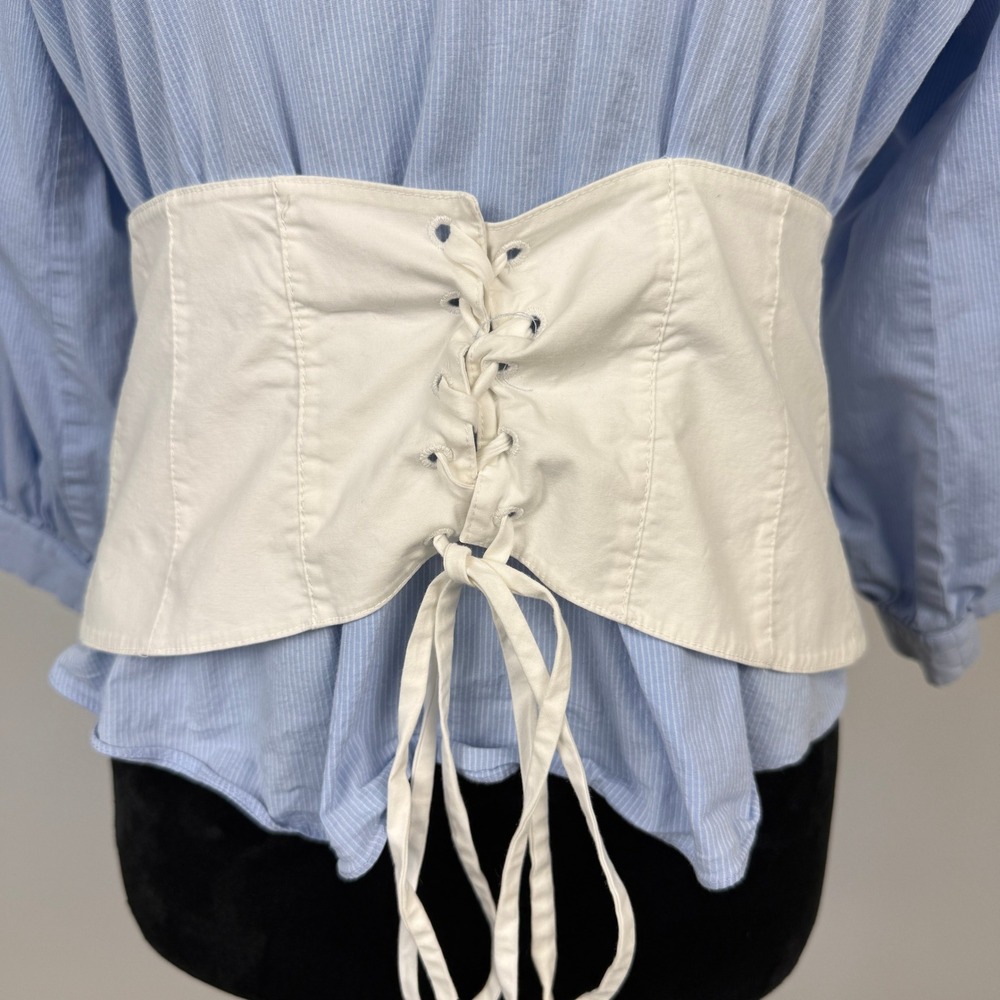 1.State Corset Waist Pinstripe Top Womens‎ Size M Blue White Office Siren - Picture 2 of 8